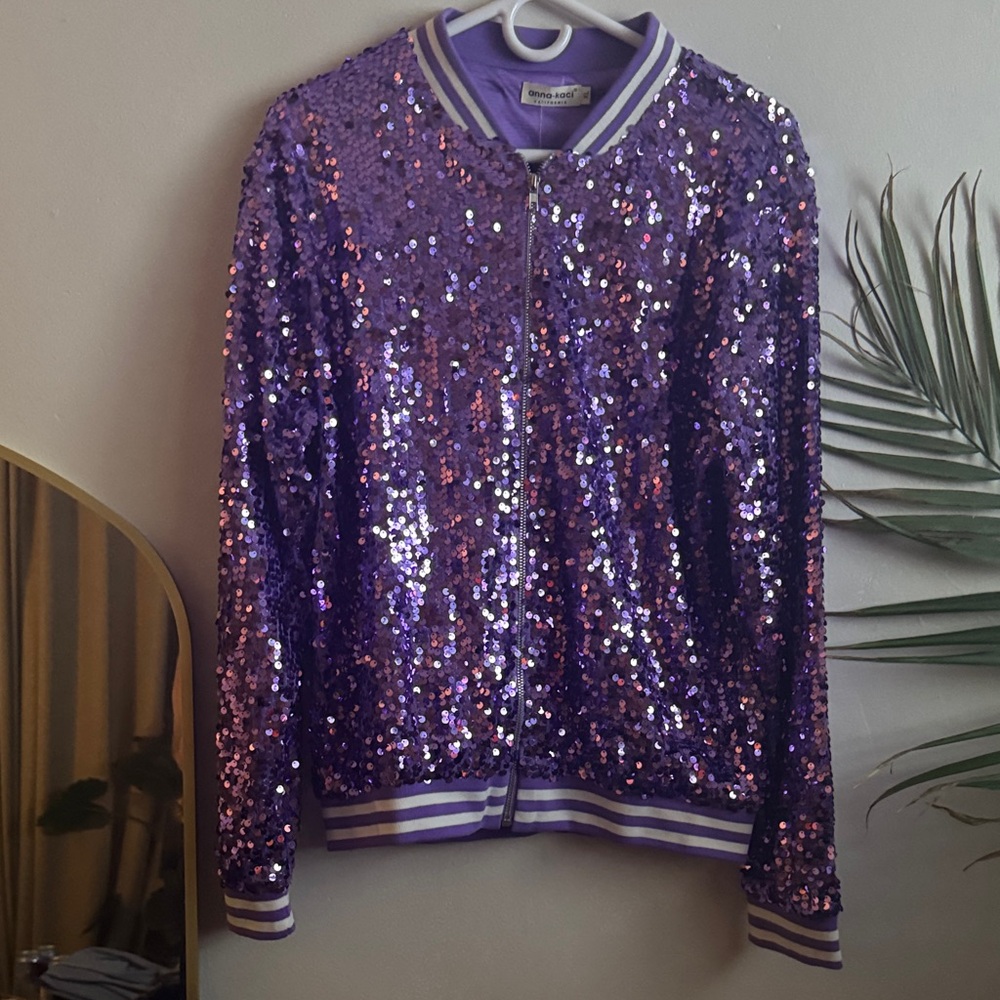 Retro Shimmering Violet Sequin Bomber Jacket